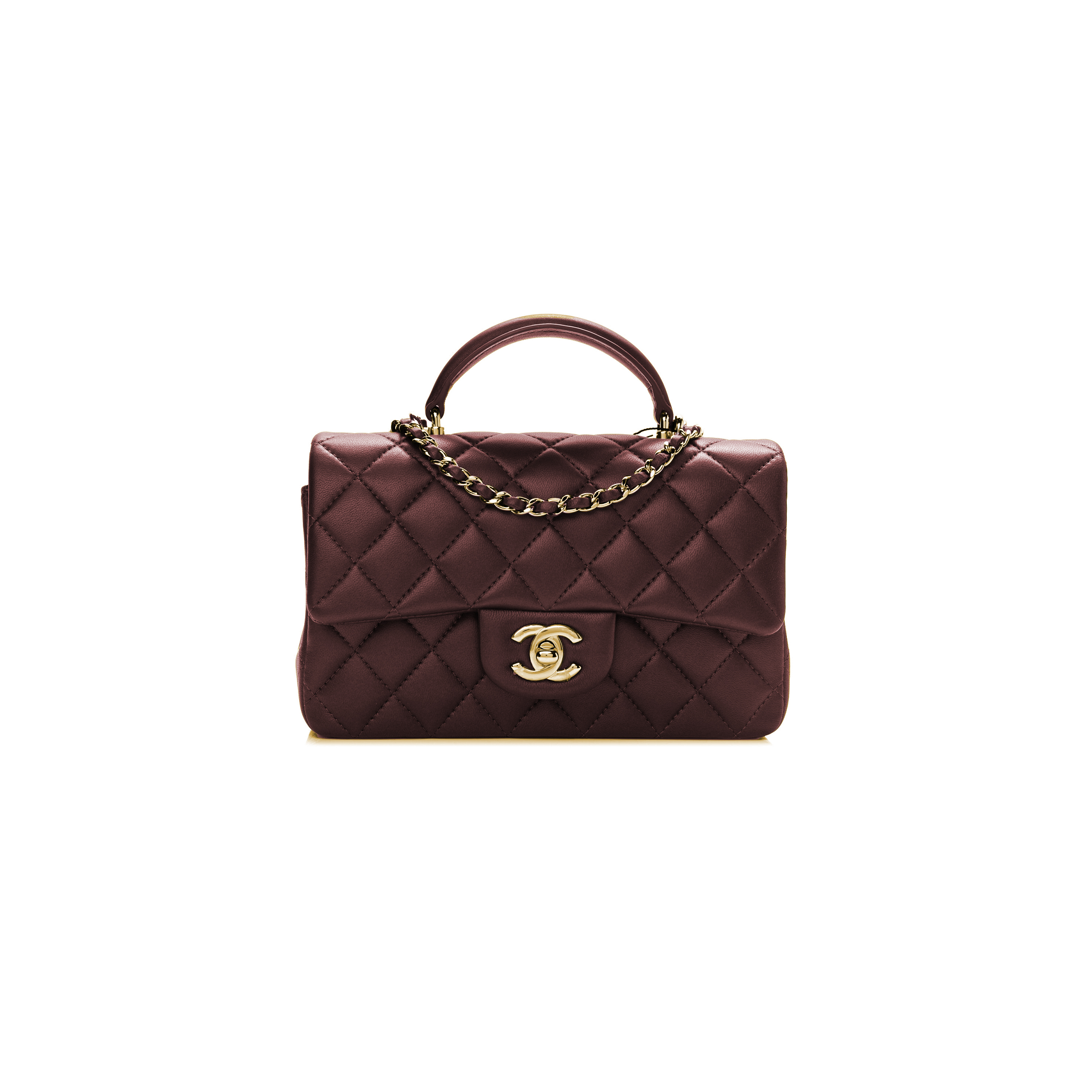 CHANEL LAMBSKIN QUILTED MINI TOP HANDLE RECTANGULAR FLAP GOLD BURGUNDY 1106350 (20*13*6cm)
